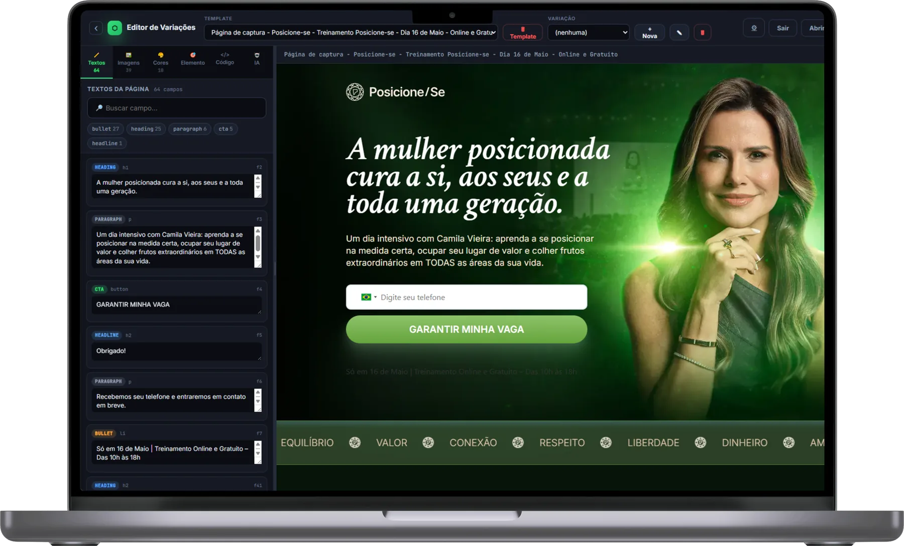 Editor de variações do Primia Pages com campos por função e página renderizada ao lado